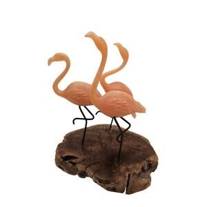 Vintage John Perry 3 Pink Acrylic Flamingos On Burl Wood Sculpture 1992 Signed